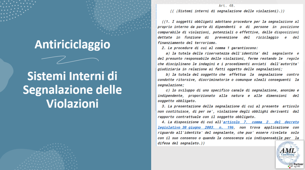 AML: Sistemi interni di segnalazione delle violazioni (Art. 48 Dlgs 231/2007)