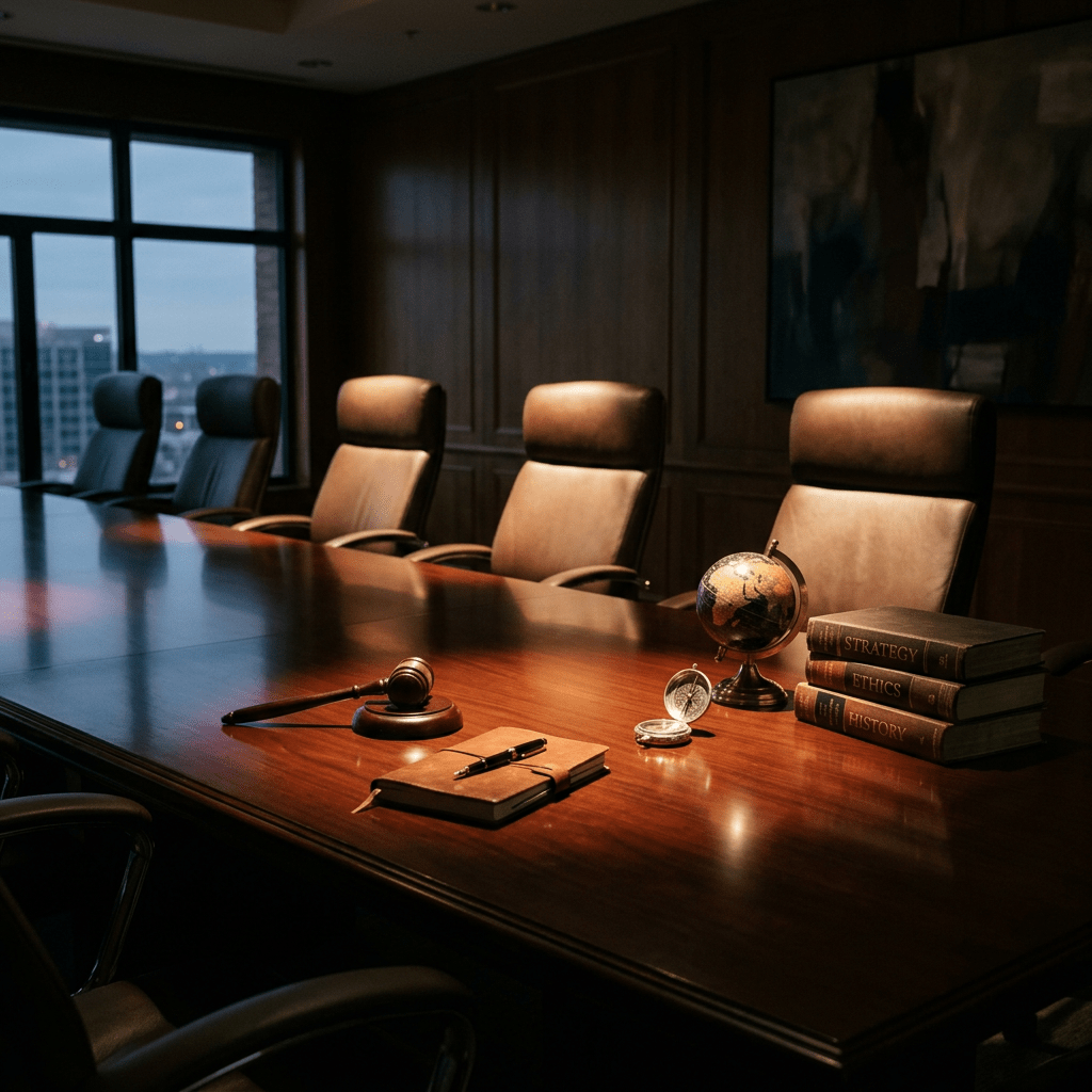 Boardroom table with gavel, notebook, globe, and books labeled strategy, ethics, history