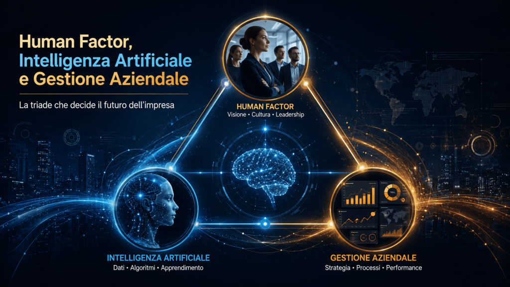 Illustrazione della triade tra capitale umano, intelligenza artificiale e gestione aziendale, con persone, cervello digitale e dashboard KPI collegati in una struttura triangolare.